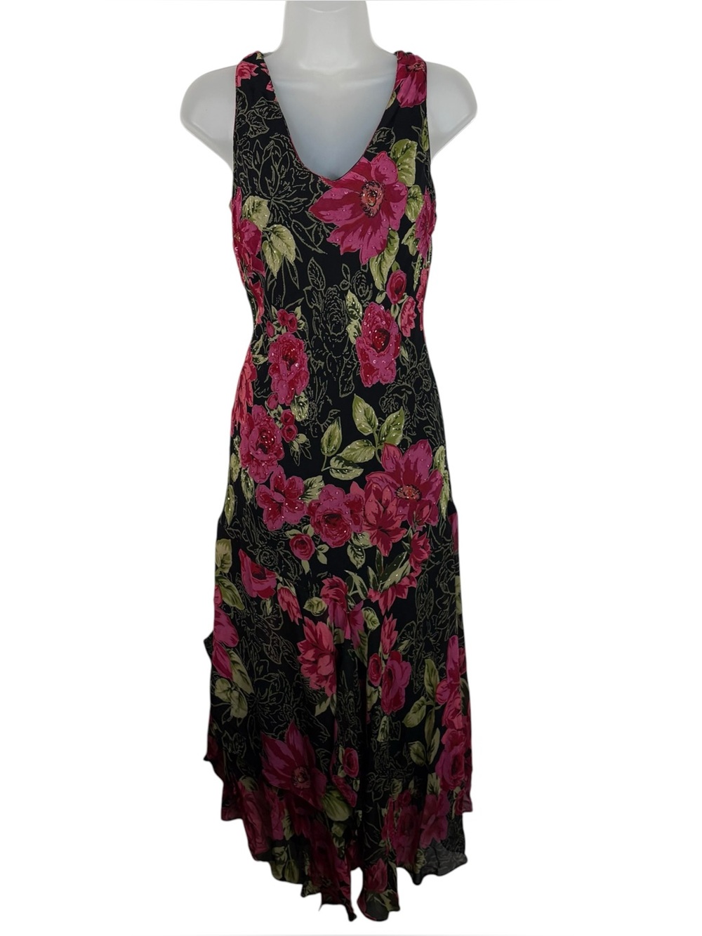 Vintage Y2K Dark Romantic Floral Asymmetrical Hem Beaded Whimsigoth Dress NWT 10